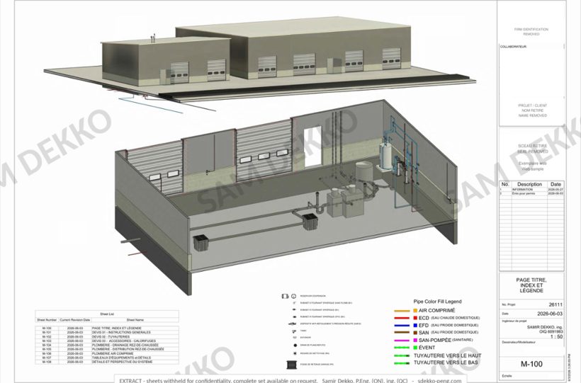 Plumbing permit set, maintenance building, Québec