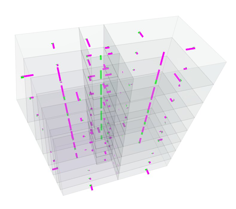 Stair pressurization and building airflow simulation in Ventus / CONTAM, showing flow paths through a high-rise floor by floor